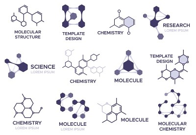 分子标记。生物分子六边形结构，大分子和化学实验室研究标志向量插图集。