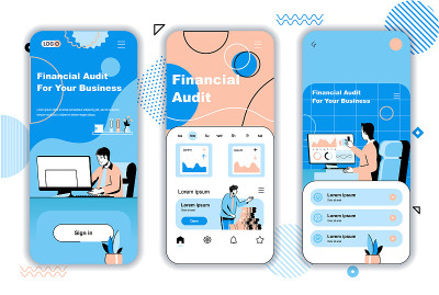 移动应用程序模板的财务审计概念。会计核算预算统计。UI, UX, GUI用户界面工具包与人的场景为w