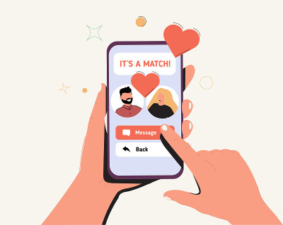 女性手持手机约会app界面。智能手机在线应用中的情侣配对。虚拟