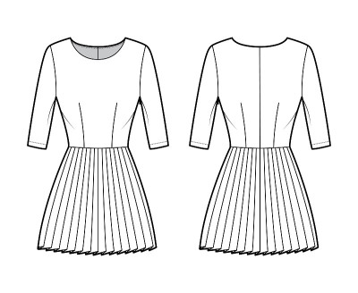 连衣裙百褶裙技术时尚插图与肘袖，合身的身体，迷你裙。平服装方面