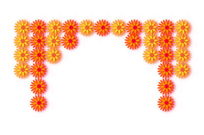 万寿菊花环。黄橙剪纸花。印度节日花和芒果叶。排灯节快乐，Dasara, Dussehra, Ugad