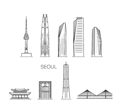 首尔建筑线天际线插图。线性矢量城市景观与著名的地标