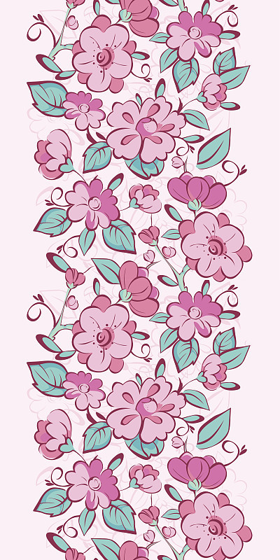矢量粉蓝色和服花垂直边界无缝图案背景