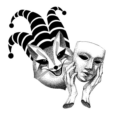 伪君子,骗子。狐狸躲在一个面具后面。拟人化的动物，流氓，淘气。炉福克斯的球员。小丑是一个邪恶的骗子。