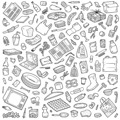 可回收物品的向量集。以垃圾和环境污染为主题的黑白物品收集