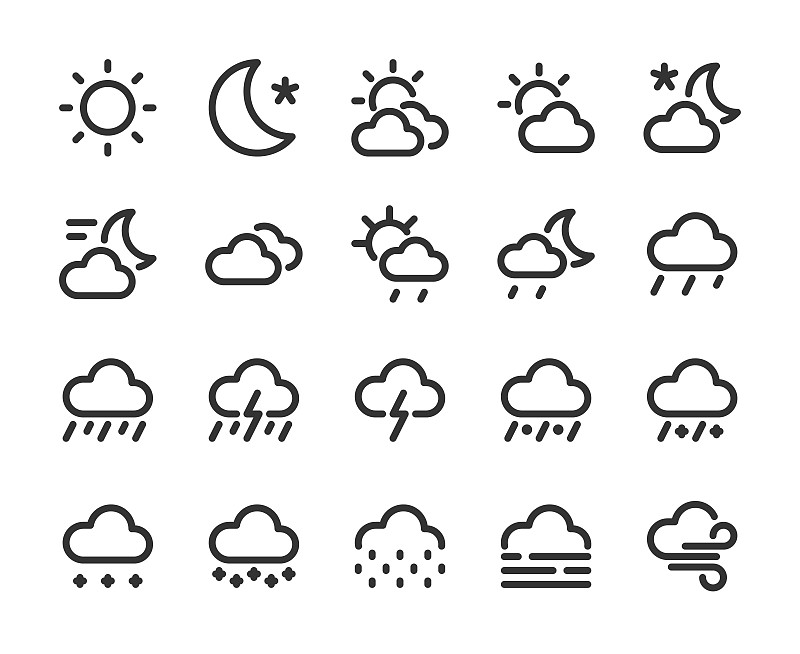 收集单色像素完美的线性图标:天气。组# 1