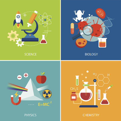 科学概念、物理、化学、生物平面设计