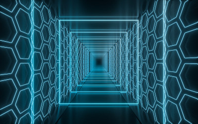 黑暗隧道与发光的霓虹灯线，3d渲染。