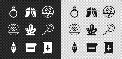 设置魔法石戒指与宝石，马戏团帐篷，五角星圈，巫师术士，古老的魔法书，石匠和图标。向量