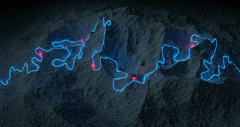 一个蜿蜒的徒步旅行路线概述与路径点的山脉- 3d插图