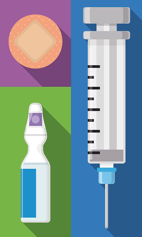 准备好使用的疫苗接种包:安瓿，注射器和圆形膏药