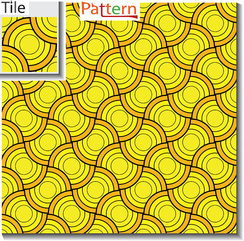 圆形圆环或圆盘的无缝图案，彼此重叠的原始瓷砖和豪华的配色方案。