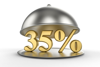 餐厅钟摆上金色的35%折扣标志