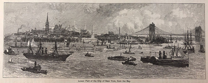 古董插图-纽约1881 -从海湾纽约市的下半部分