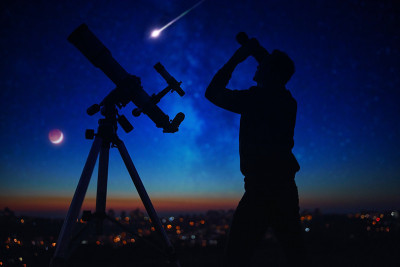 用望远镜和双筒望远镜观察星空的一个男人的剪影。