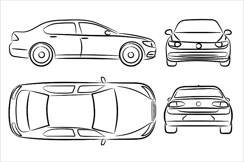 白色背景上的汽车剪影。车辆图标从侧面、前面、后面和顶部设置视图