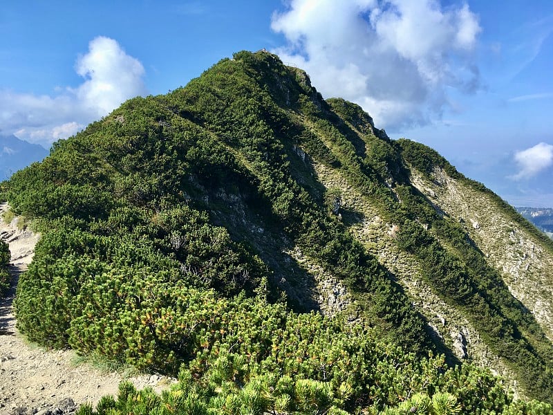 夏天的巴伐利亚瓦尔琴湖和科切尔湖，美丽的白云和绿色的山脉。