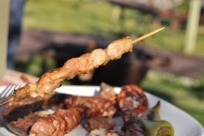 塞浦路斯meze和kebap烧烤派对在花园里美味的混合肉和鸡肉kebap