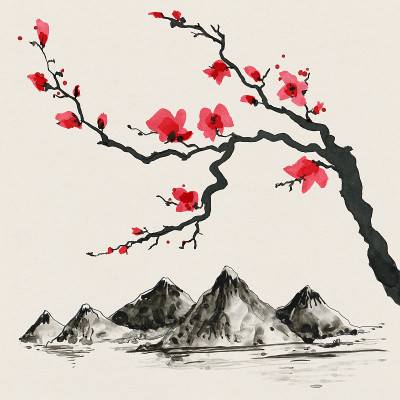 日本风格的山。水彩手绘插画