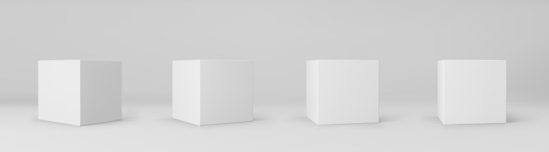 白色3d立方体集与透视孤立在灰色背景。3d建模盒与照明和阴影。现实的矢量图标
