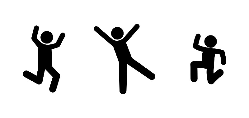 人们欢呼雀跃，跳起男人，棍棒人物剪影