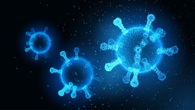 冠状病毒。黑色背景上的三维矢量微生物。Covid - 19所示。未来的病毒保护微生物概念。病原微生物