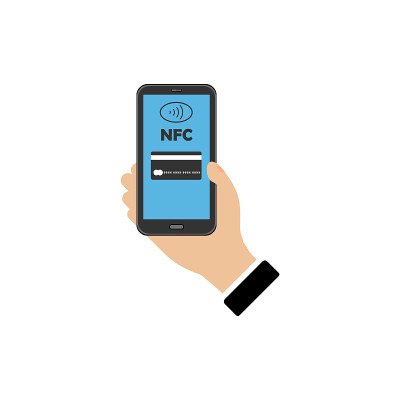 图标非接触式手机支付，彩色手用手机。NFC。信用卡。向量EPS10