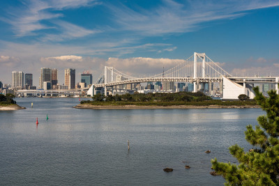 彩虹桥和东京城市景观，从台场岛横跨东京湾