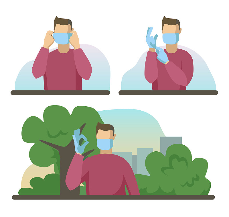戴上医用口罩。手在手套。在流行期间防止病毒和细菌。上街前戴上防护面罩和手套。避免感染。保护的手段。矢