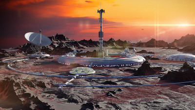 火星表面的第一个沙漠殖民地(3d空间渲染)