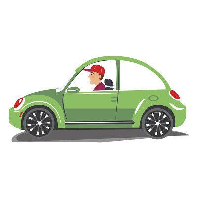 年轻人开着绿色汽车。矢量插图的一个愉快的人驾驶在孤立的背景