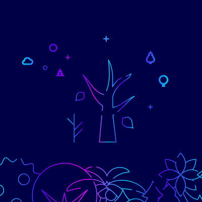 枯树与落叶，秋天向量线图标，插图在一个深蓝色的背景。相关的底部边界