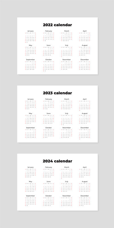 2022年，2023年，2024年日历
