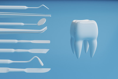 蓝色背景上的牙齿图像与牙医的工具。3 d渲染。