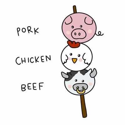 Pork, Chicken and Beef ball in wood stick cartoon 