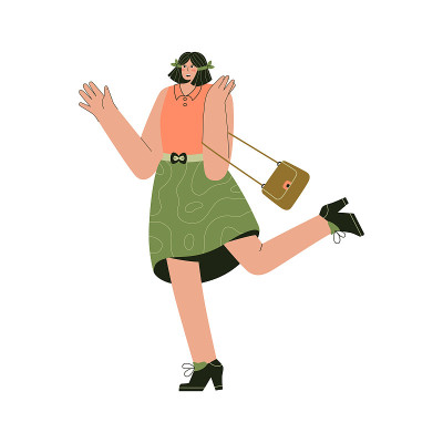 Happy woman standing on one leg and gesturing by h