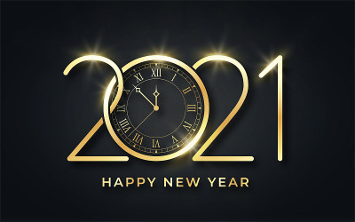 2021年新年快乐。新年背景快乐。金色文本与时钟和程式化2021数字。豪华的金色文字贺卡，横幅和明信