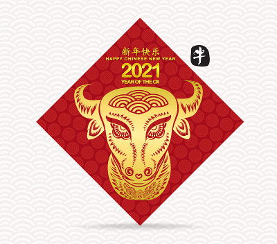 中国新年2021牛贺卡背景。牛年(Chinese Year of Ox, Chinese New Y