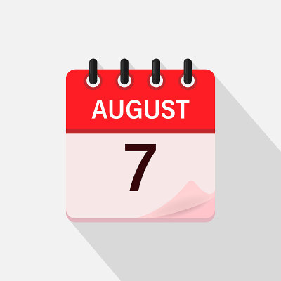 8月7日，带有阴影的日历图标。日、月。平面向量插图。