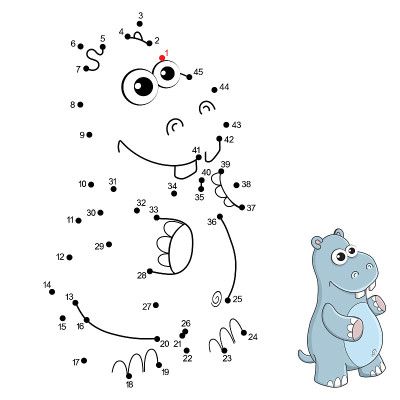 为孩子们做点对点的数字和答案游戏。用数字把这些点连起来，完成这幅画。教育游戏和着色页与卡通可爱的河马