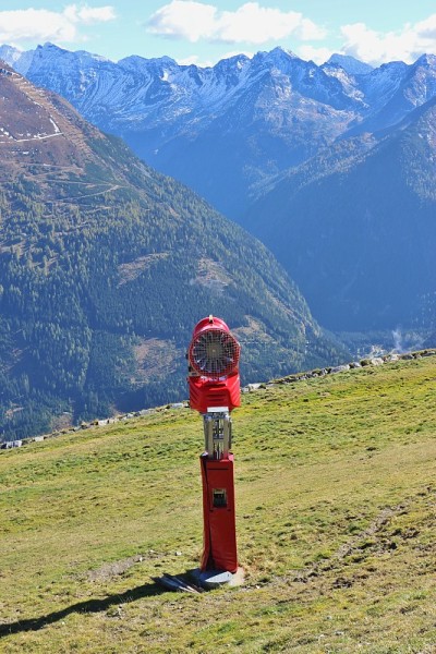雪炮在绿草地上，奥地利的阿尔卑斯山。