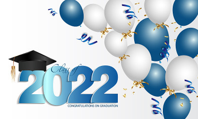 祝贺你毕业。2022级。毕业帽，五彩纸屑和气球。祝贺的条幅。教育学院学习学院。