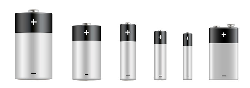 碱性电池的现实设置。类型的电池。型号:D, C, AA, AAA, AAAA, PP3。碱性电池组具