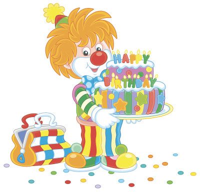 带着生日蛋糕的滑稽小丑