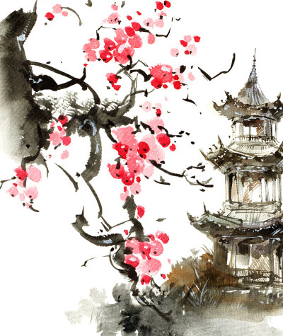 花开樱花，宝塔建筑