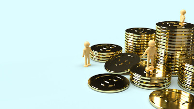 人类木材和金币3d渲染商业内容。