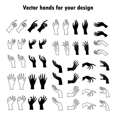 Set of vector hands and witch hands. Line art and 