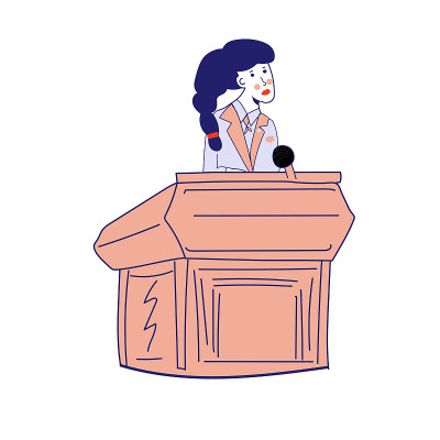 A young activist girl in a business suit behind a 