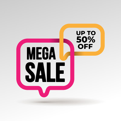 Mega sale横幅模板设计与泡沫。大减价，优惠价。3 d纸带。平面设计元素。矢量插图。孤立在白色
