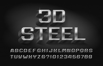 3d钢字母字体。带有阴影的金属字母和数字。